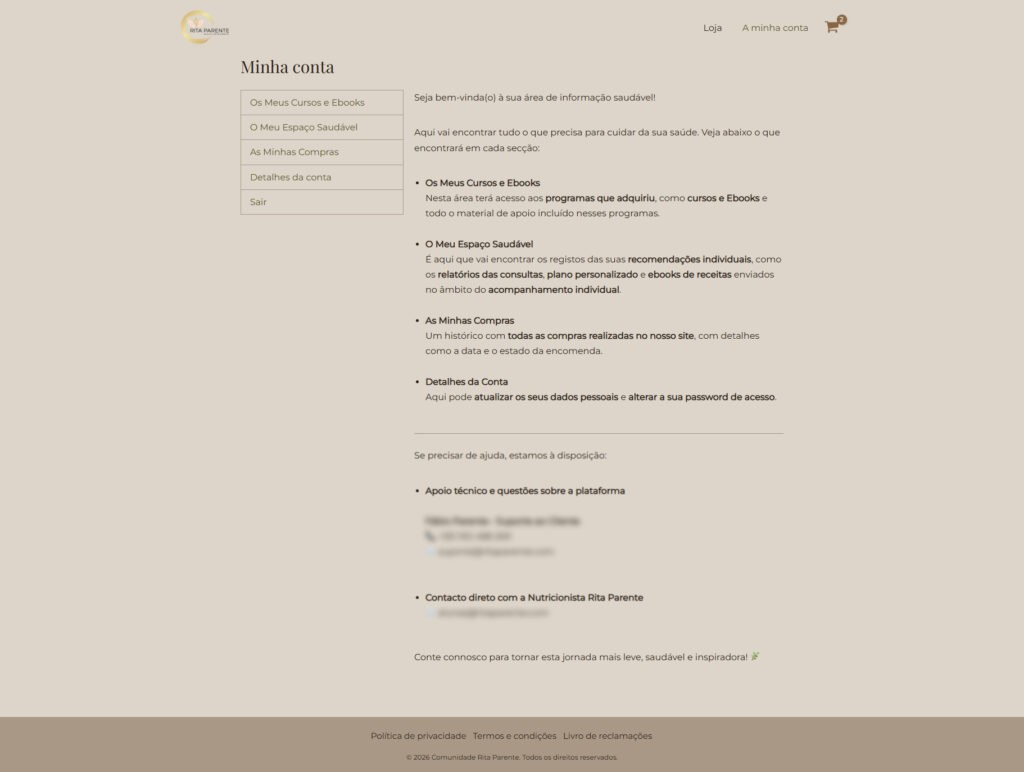 Página "A Minha Conta" em que se pode ver uma mensagem personalizada que orienta a jornada do cliente no site.