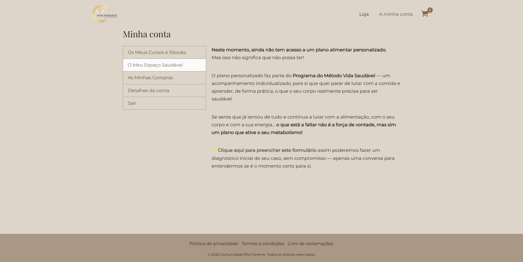 Página da Minha Conta em que se pode ver a área personalizada privada e individual do cliente da plataforma Comunidade Rita Parente.