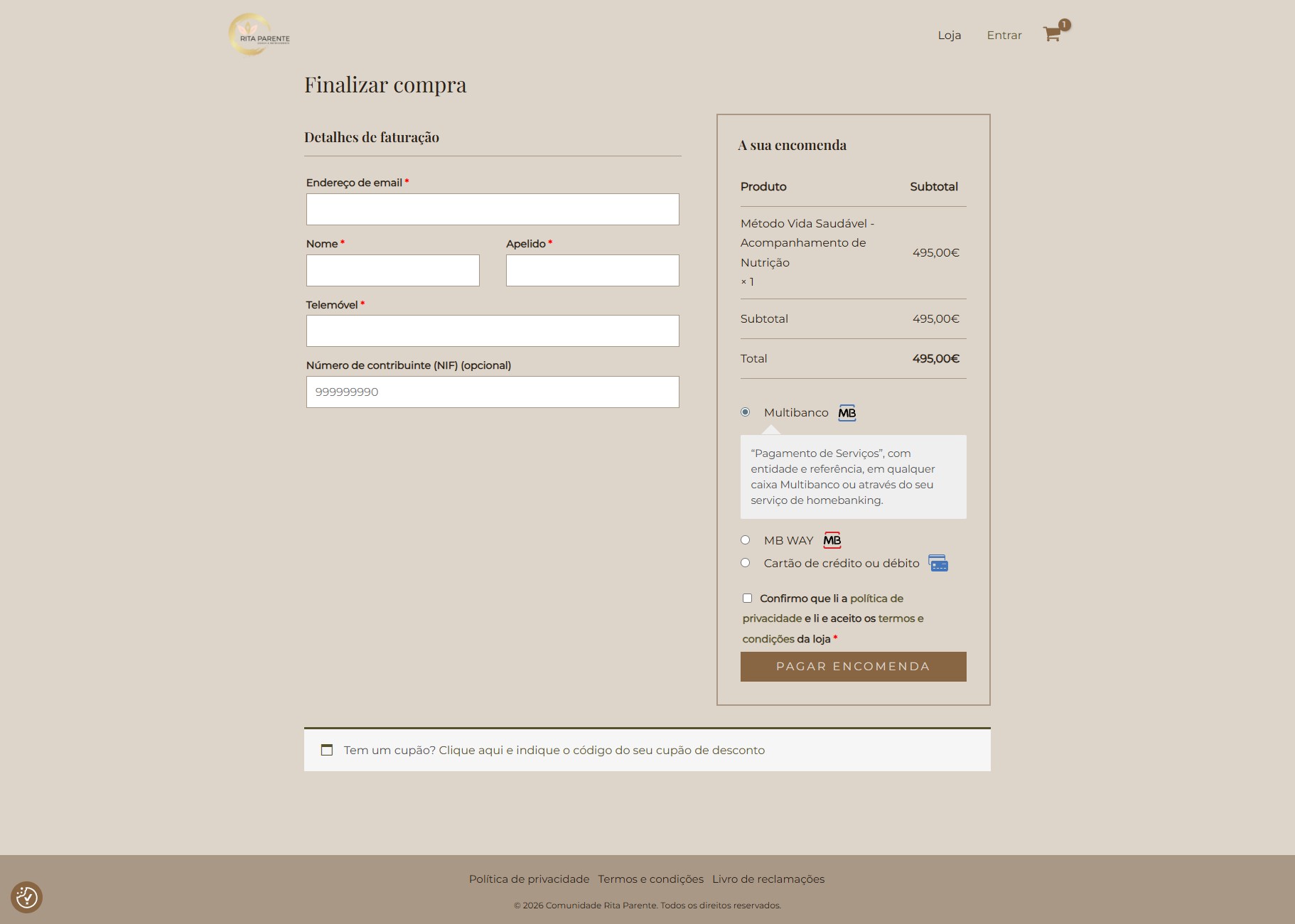 página de checkout simplificado da plataforma comunidade rita parente